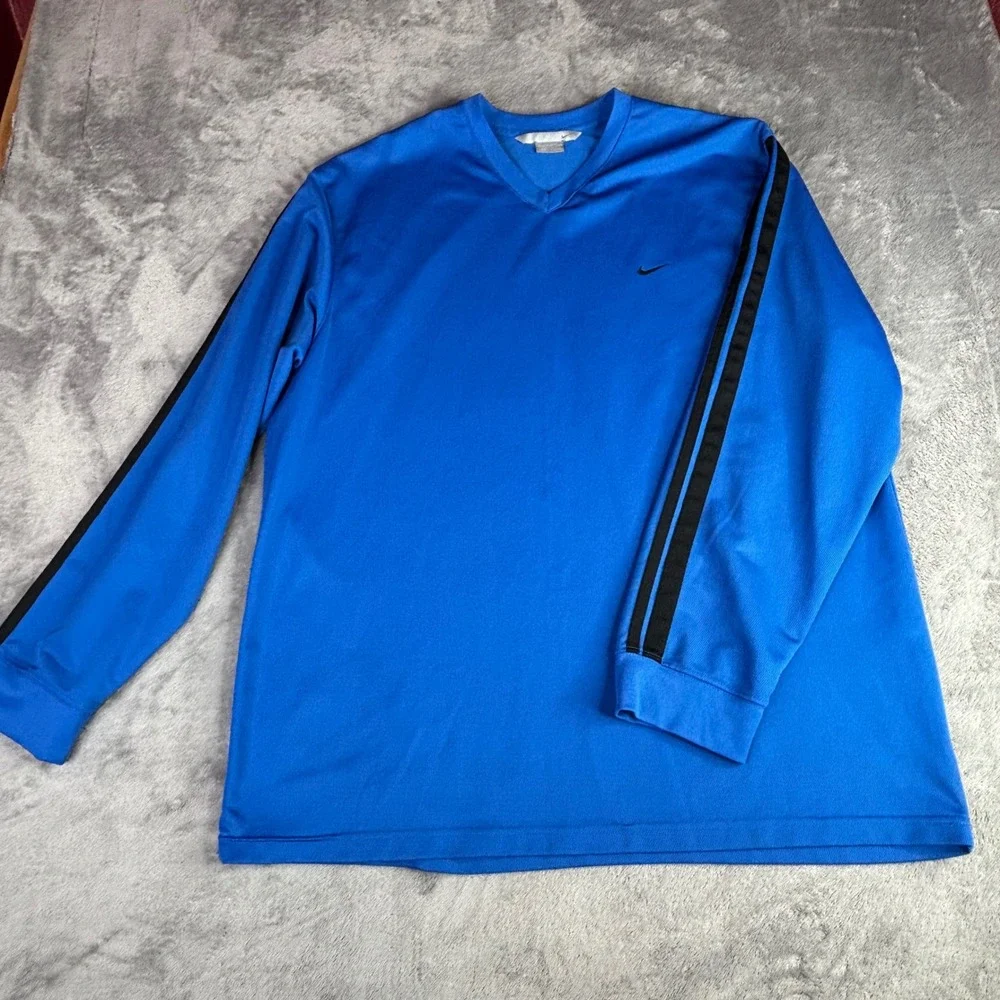 Nike‎ Long Sleeve Shirt Mens XXL Blue Black V-Neck Athletic Stripe H40408HON